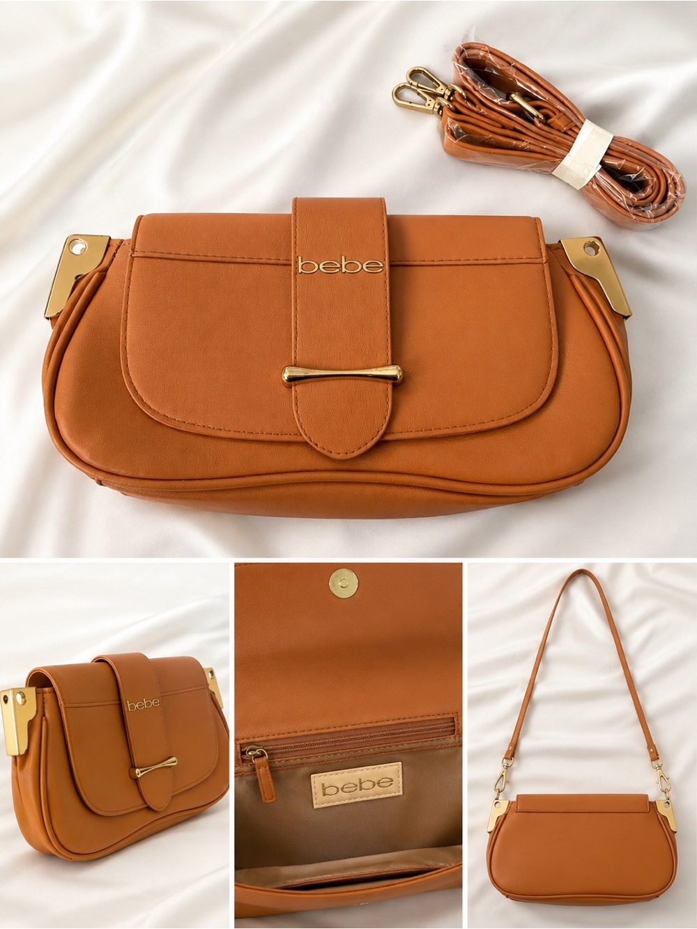 bebe Cognac Leather Shoulder Bag with Gold Hardware